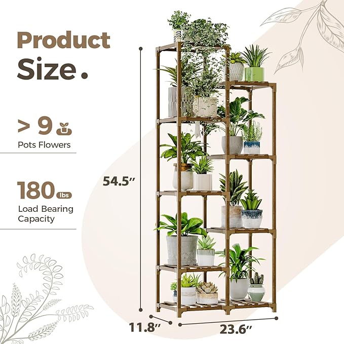 Bamworld Plant Stand Indoor Tall Plant Shelf Outdoor Corner Plants Table Wood Flower Stand for Living Room Balcony and Garden (9 pots)