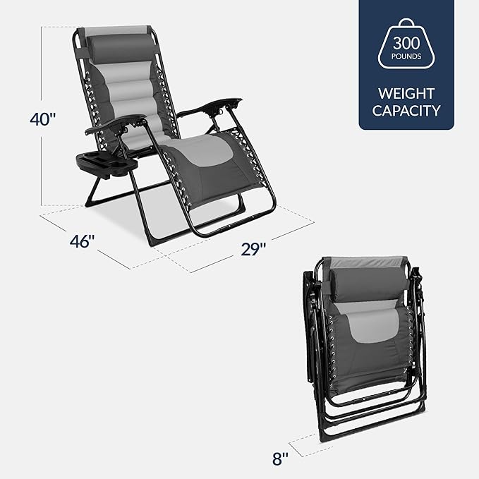 Best Choice Products Oversized Padded Zero Gravity Chair, Folding Outdoor Patio Recliner, XL Anti Gravity Lounger for Backyard w/Headrest, Cup Holder, Side Tray, Polyester Mesh - Gray/Light Gray