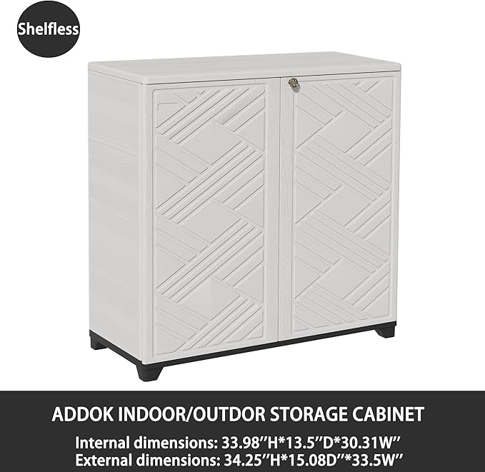 ADDOK Indoor Outdoor Plastic Storage Cabinet 34"x15"x34", Outdoor Storage Shed for Living Room, Hallway, Balcony, Garage, Garden, Backyard-White（W/O Shelf）