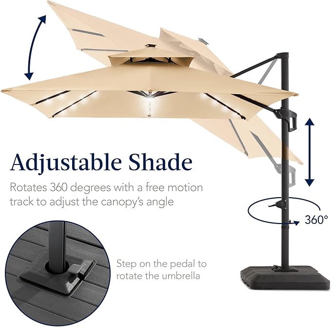 Best Choice Products 12x12ft LED Cantilever Patio Umbrella w/Base Included & 360° Rotation, Large Solar Offset Hanging Outdoor Sun Shade for Deck, Backyard Table w/Stand & Lights – Sand