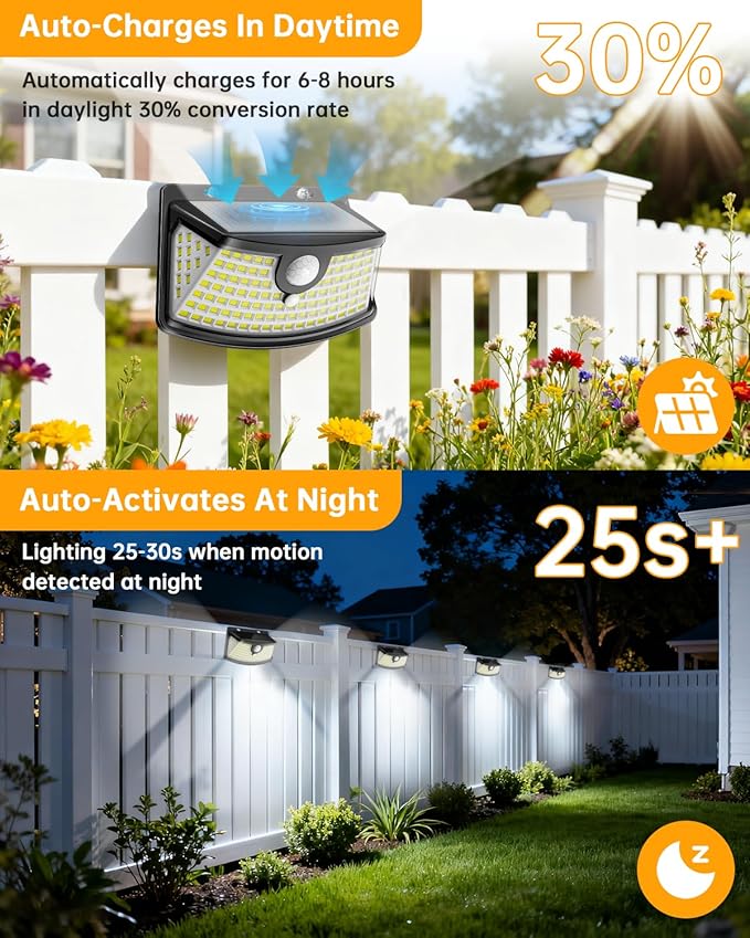 Aootek New Solar Motion Sensor Lights 120 LEDs with Lights Reflector,270° Wide Angle, IP65 Waterproof, Step Lights for Front Door, Yard, Garage, Deck (Black, Daylight White, 4-Pack)