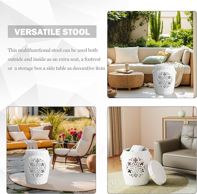 EFU Resin Garden Stool Indoor Outdoor,Decorative Antique Classic-Like Appearance, Waterproof UV Resistant Lightweight Sturdy,for Living Room, Garden Room, Patio(White)