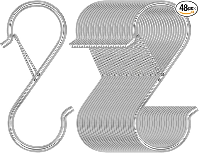 48 Pack S Hooks for Hanging, 3.5 inch Heavy Duty Metal S Hooks with Safety Buckle S Shaped Hooks Pot Rack Closet Hooks for Hanging Plants, Clothes, Kitchen Utensil, Pots, Pans, Bags (Silver)