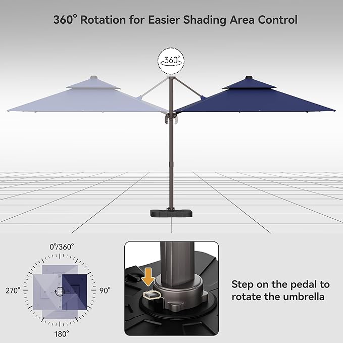 9x12FT Navy Blue Cantilever Outdoor Patio Umbrella with Base, Large Rectangular Offset Design, Double Top Heavy Duty Aluminum Frame & 360° Rotation for Pool Garden Deck Backyard