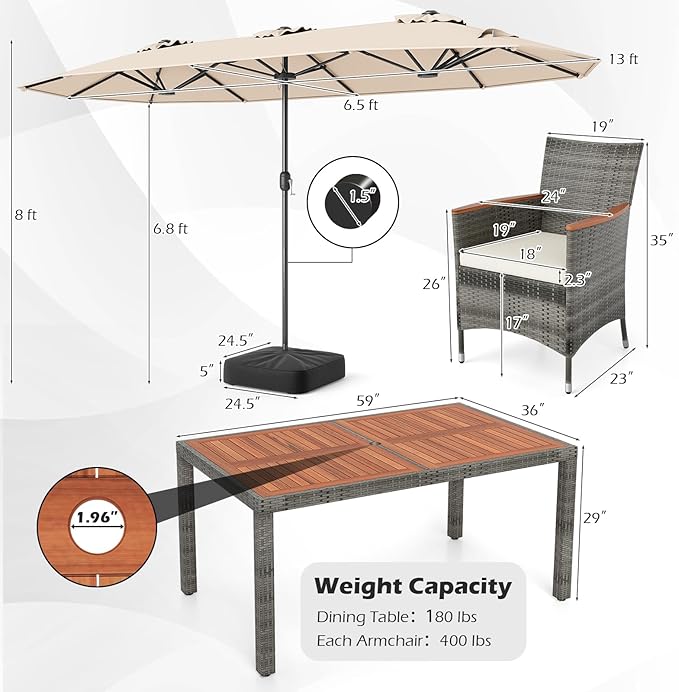 Tangkula 9 Pieces Rattan Outdoor Dining Set with 13Ft Solar Patio Umbrella for 6, Outdoor Wicker Table Set with 8 Cushioned Chairs, Acacia Wood Top, Outdoor Umbrella with Base Included
