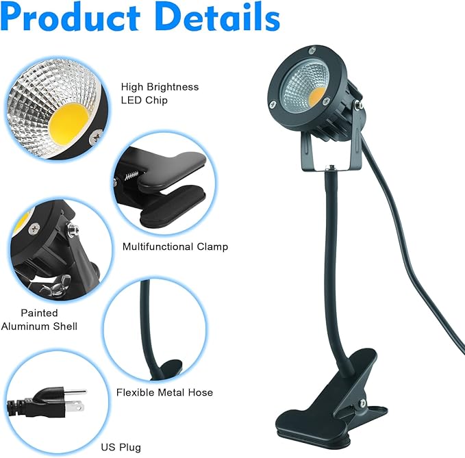 Taysing LED Spot Lights Plug in Outdoor Indoor Light 7W 6000K 9.8ft Power Cord Waterproof Landscape Lights Spotlight with Clip and Metal Hose for Plants Yard Garden Accent Lighting Ambient Light