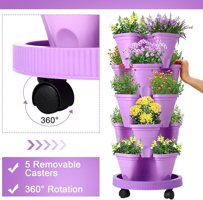 Umigy 2 Set 5 Tier Stackable Planters Vertical Garden Planters for Strawberry Herb Flower and Vegetable Indoor Outdoor Gardening Pots with Removable Wheels and Bottom(Purple)