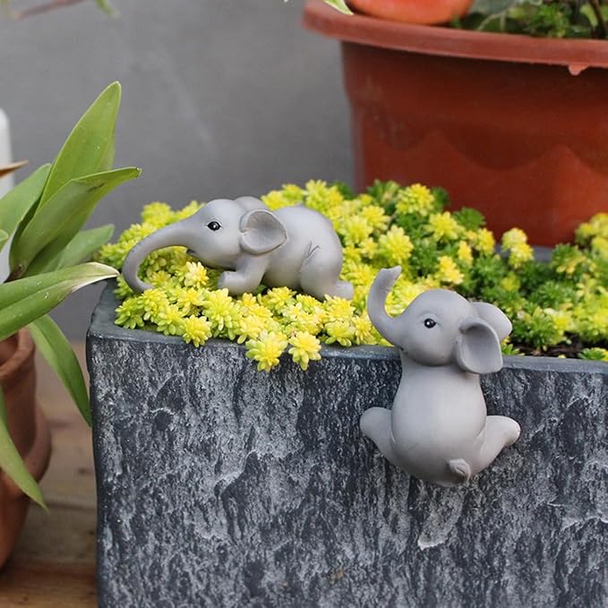 Set of 2 Cute Climbing Elephant Statues Flower Pot Hugger, Resin Hanging Animals Figurine Outdoor Planter Pot Decorations for Home Garden Patio Lawn Yard Ornaments