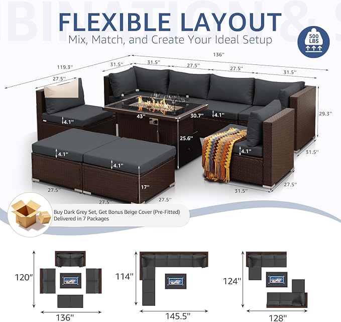 NICESOUL 8 Seat Extra Large Patio Furniture Set with Firepit Table Natural Gas/Propane, 29.3'' High-Back Luxury Outdoor Sectional Conversation Sets for 6 People, Brown Rattan and Dark Grey Cushion