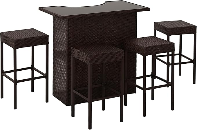 Outsunny 5 Pcs Rattan Wicker Bar Set, High Top Outdoor Table and Chairs, Bar Height Patio Set with Glass Table Top 2 Tier Storage Shelf, and 4 Bar Stools for Garden, Poolside, Dark Brown