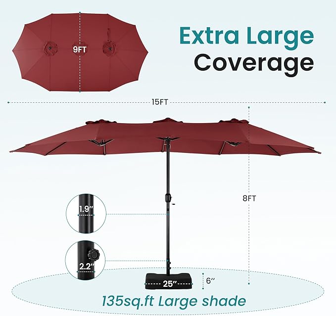 DUMOS 15FT Large Patio Umbrella with Base Included, Rectangle Table Umbrella Outdoor Patio, Outside Umbrellas for Deck, Market, Backyard, Wine Red