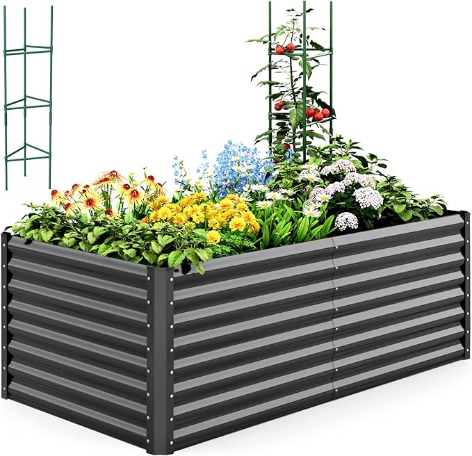 Quictent Galvanized Raised Garden Bed 6x3x2 Ft Metal Planter Box Bottomless for Backyard Outdoor, Include 1 pc Tomato Cage (Dark Gray)