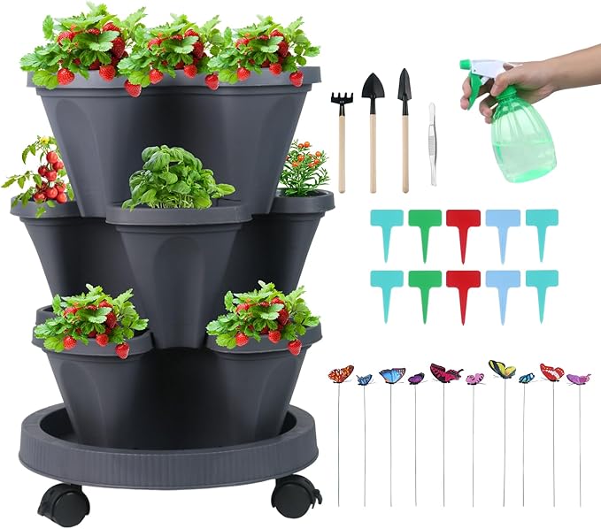 Vertical Planter 3 Tier Stackable Planters Garden Planters Strawberry Herb Flower and Vegetable Planter Indoor Outdoor Gardening Pots with Removable Wheels and Tools