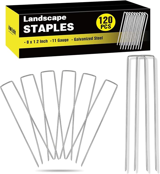 HongWay 120 Pack Landscape Staples 8 Inch, Galvanized Garden Stakes Tent Stakes Heavy Duty 11 Gauge Landscaping Fabric Pins Yard Ground Staples for Lawn, Turf, Fence, Outdoor Decorations