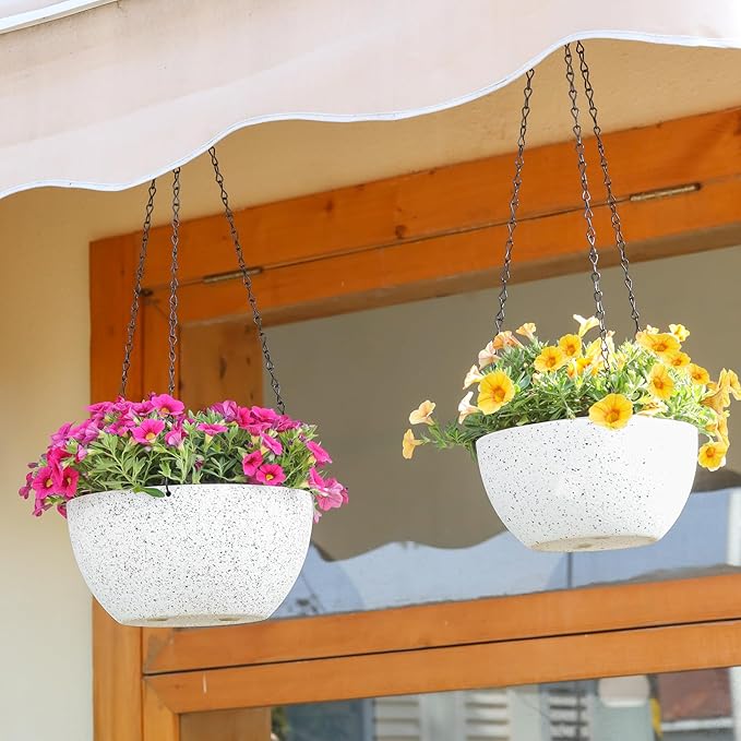 T4U 8 Inch Hanging Planters for Indoor Plants, 2 Pack Hanging Planter, Hanging Plant Pots with Drainage Holes and Chain, Hanging Basket Pots for Garden Home Porch Decor, White