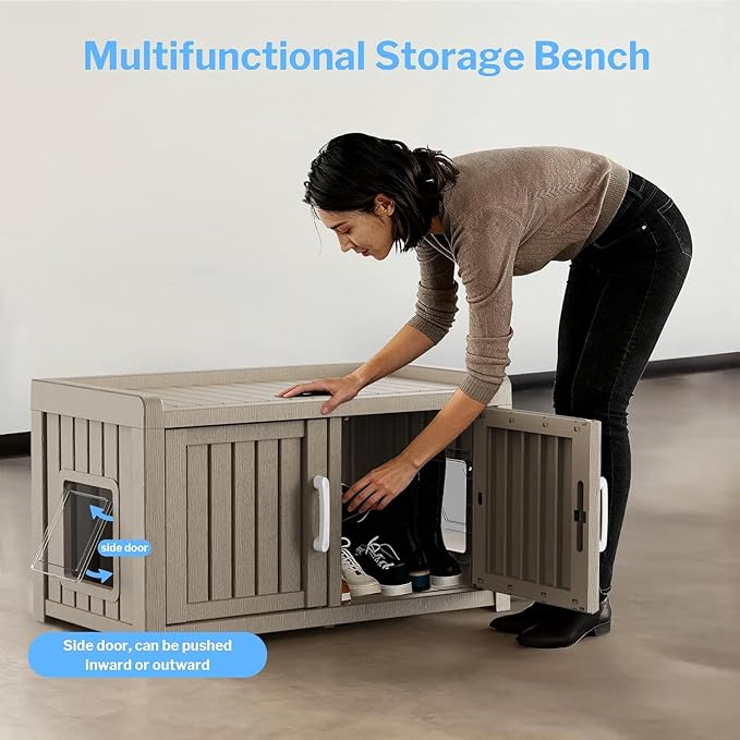 2 Doors Shoe Storage Bench - 2 Side Door Hidden Furniture Cabinet with Storage, Waterproof Entryway Bench with Seat for Indoor Outdoor, End of Bed Footrest Stool for Bedroom, Hallway, Grey