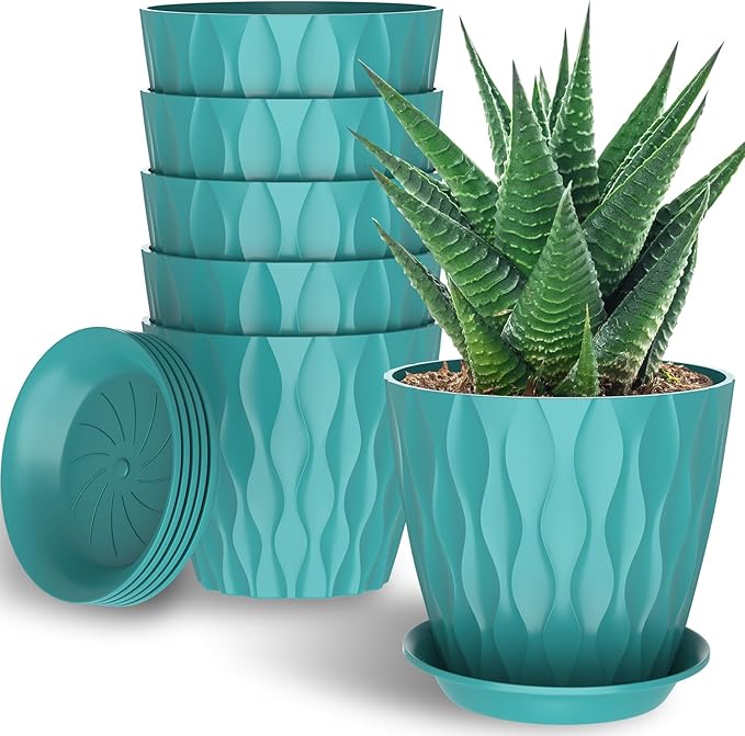6 Pack 7 Inch Indoor Plant Pots with Drainage Holes, Outdoor Plastic Decorative Flower Pots, Garden Planters with Tray Saucers for Orchids, Violets, Succulents, Herbs, and Other Plants