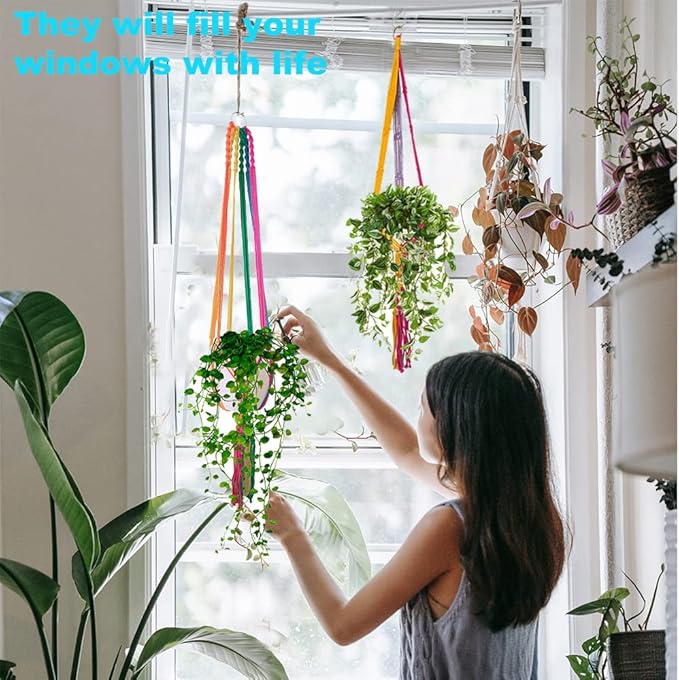 Rainbow Colorful Macrame Plant Hanger with 2 Hooks, Hanging Plant Holder Indoor Outdoor, Handmade Cotton Rope for Boho Room Decor Hanging Ceiling Decor，2 Pack