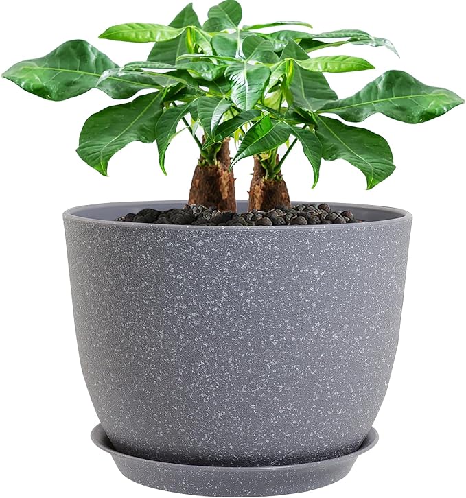 12inch Large Plant Pot, Modern Plastic Planter with High Driange Holes and Saucer for Indoor Outdoor Garden Plants and Flowers, Grey Speckles