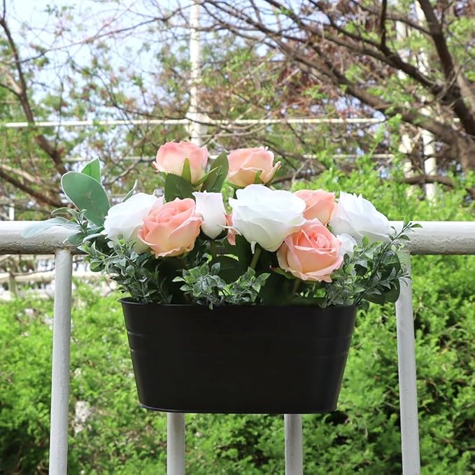 3 Pack Metal Railing Planters, 10.5" Oval Hanging Flower Pots with Detachable Hooks & Drainage Holes, Fits Rails up to 2.36", Galvanized Iron Fence Bucket for Balcony Garden Patio - Black