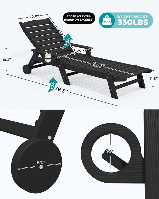 SERWALL Patio Chaise Lounge Chair Set of 2 with 9FT Patio Umbrella, 78'' HDPE Outdoor Lounger, Poly Lounge Chair with Rolling Wheels & Cup Holder for Pool,Obsidian Black (Umbreall Base not Included)