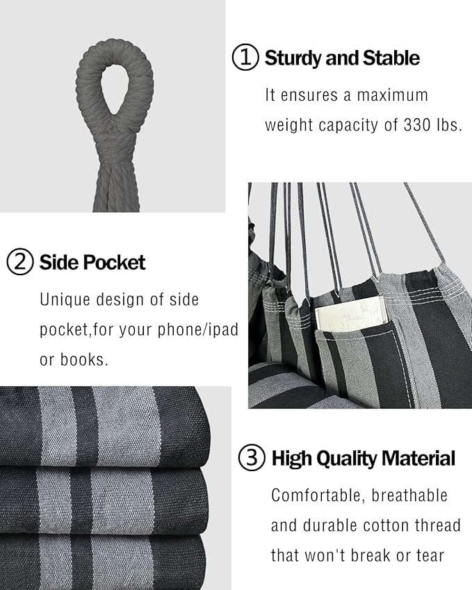 Halalona Hammock Chair Hanging Hammock Chair Rope Swing 2 Cushions Included-Sturdy & Durable Soft Cotton Hand Woven Hammock Swing for Bedroom, Porch, Patio-Indoor/Outdoor