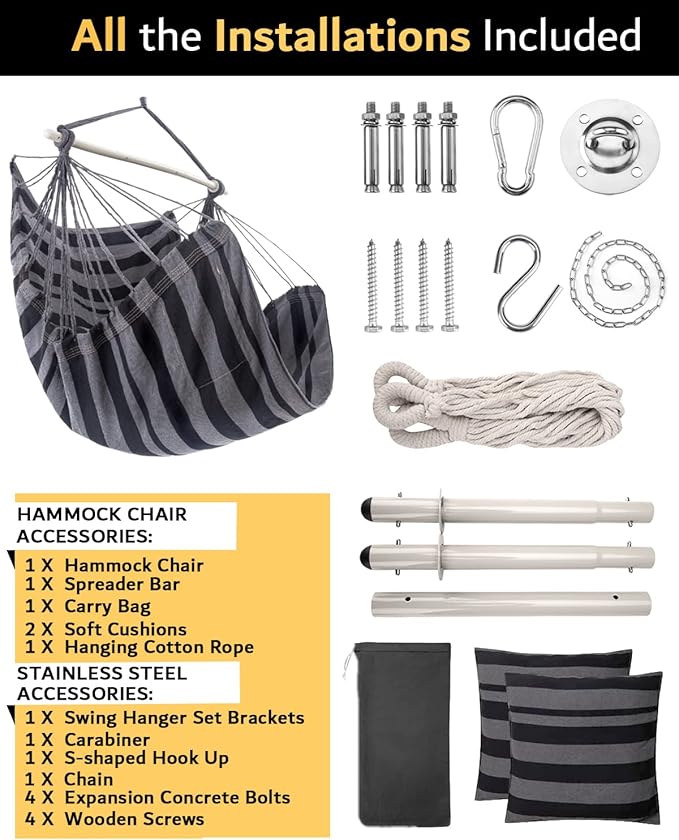 XXL Hammock Chair Hanging Rope Swing with 2 Cushions - Max 500lbs-Perfect for Patio, Porch, Bedroom, Backyard, Indoor or Outdoor - Includes Hanging Hardware Kits