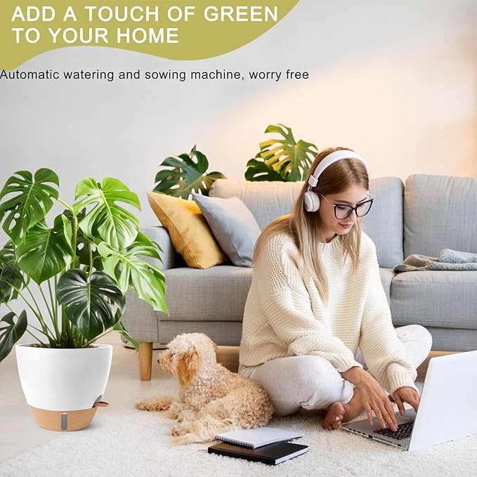 Plant Pots,12/10/9/8/ Inch Large Plastic Self Watering Flower Pots Indoor Outdoor with Drainage Holes, Deep Reservoir,Nursery Planting Pot for Indoor Out Door Plants White