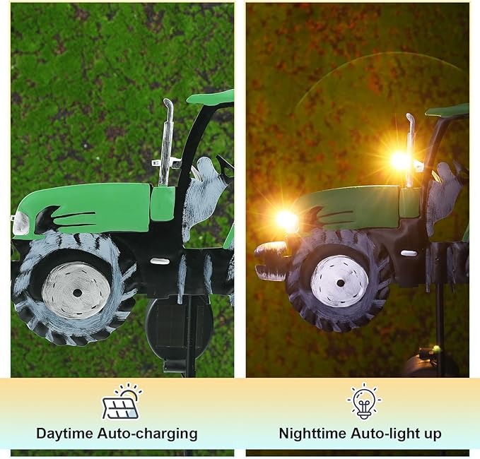 Solar Tractor Light Metal Yard Stake Solar Powered Light Up Metal Tractor Garden Stake Ornament for Walkway, Pathway, Lawn Decor