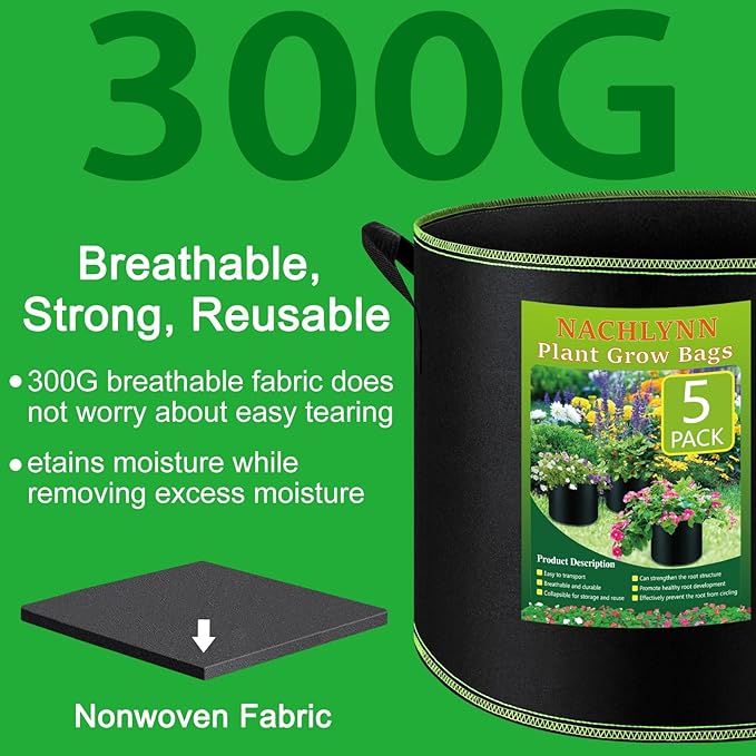 NACHLYNN 5-Pack 5 Gallon Grow Bags Heavy Duty Aeration Fabric Pots with Handles Thickened Nonwoven Fabric Pots Plant or Fruits Flowers Plant for Gardening