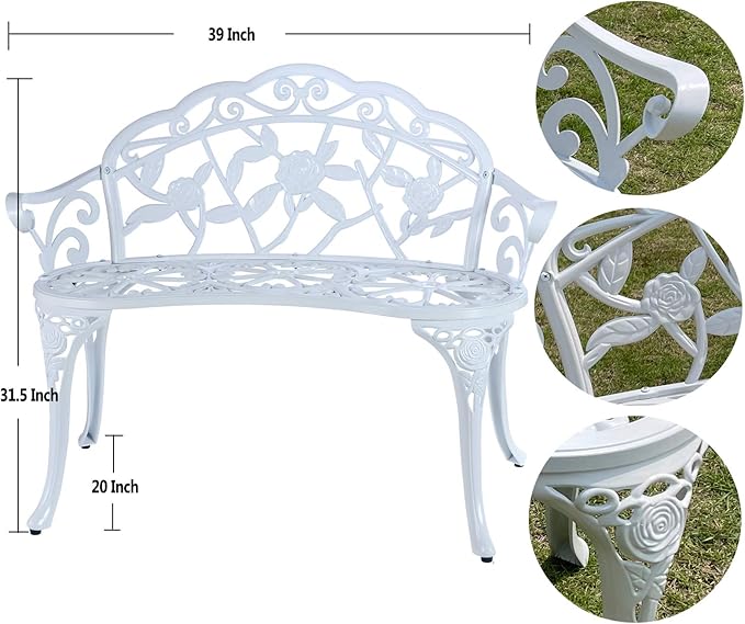 Mandolin Outdoor Benc Park Garden Chair,All Chair Anti Rust Cast Aluminum Patio Yard Bench,Carved Rose Loveseat Bench for Backyard .Porch.Balcony.Lawn (White)