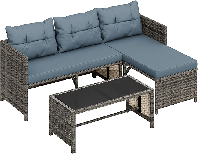 Shintenchi 3-Piece Outdoor Patio Furniture Sets, Wicker Patio Conversation Sets, All Weather Wicker Rattan Patio Seating Sofas with Glass Coffee Table and Cushion, Blue-Gray