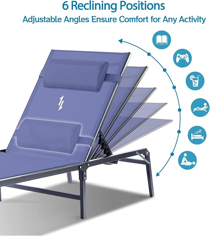 4 Pack Foldable Chaise Lounge Chair with Cup Holder, Assemble-Free Outdoor Lounge Chair with Detachable Pillow and 6 Adjustable Backrest, Patio Lounge Chair for Outside Poolside Beach Pool, Blue