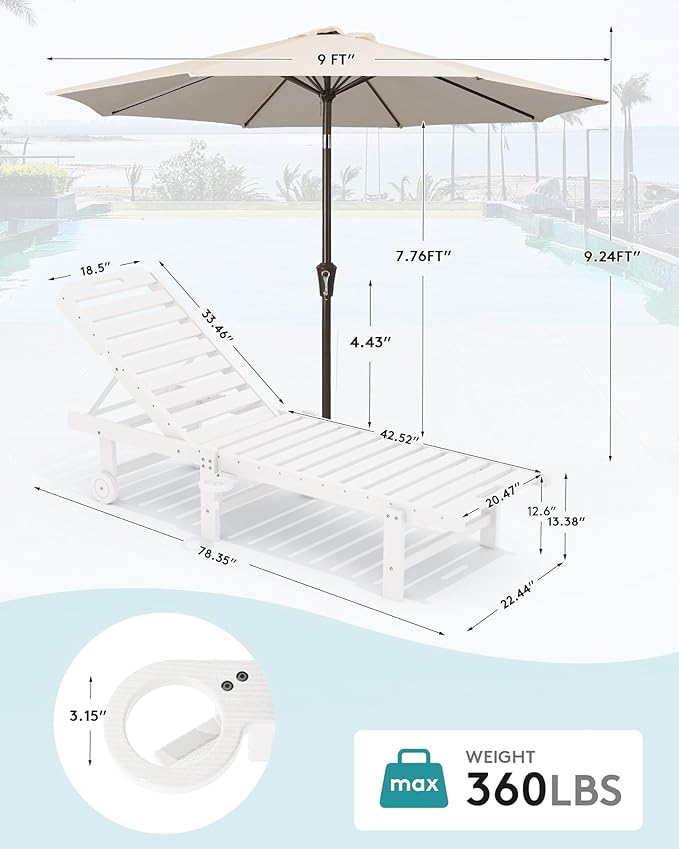 SERWALL Outdoor Chaise Lounge Set of 2 with 9FT Patio Umbrella, HDPE Pool Lounge Chair with 5-Position Adjustable Backrest, Patio Lounger with Rolling Wheels & Cup Holder for Pool, White