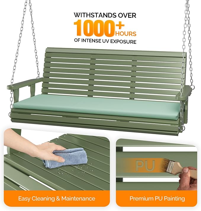 VINGLI Heavy Duty 880 LBS Patio Wooden Porch Swing Outdoor with Extra Cushion, Farmhouse Hanging Bench Tree Swing with Adjustable Chains for Yard | Garden | Lawn | Balcony (5 FT, Green)
