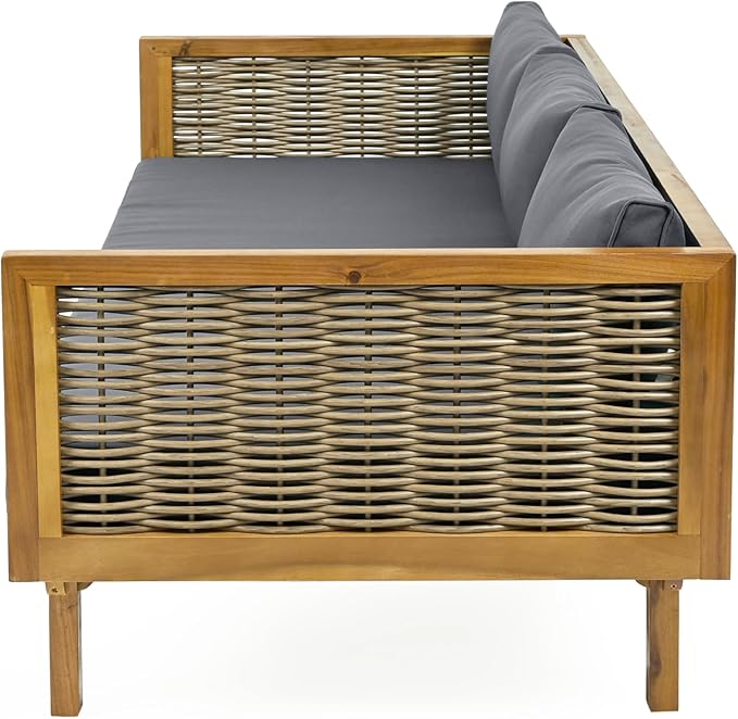 Merax 67.5" Outdoor Patio Daybed 3 Seater Sofa Bed,Acacia Wood Frame with Rattan Arm,Cushion & Pillow for Garden