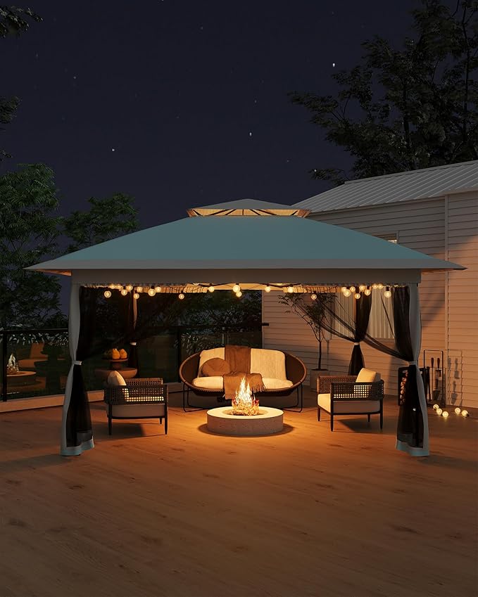 Canopy Tent 12x12 ft, Pop Up Gazebo One-Push Setup with 4 SandBags for Backyard Parties and BBQs, Mosquito Netting & Height Adjustable - Lake Blue