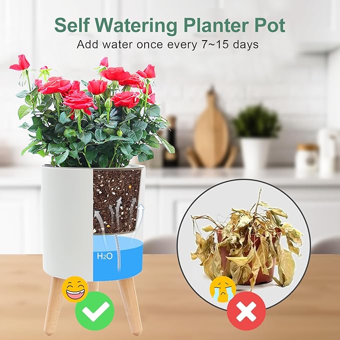 7.8 Inch Planter Pot with Solid Wood Legs, Self Watering Planter Pots with Water Shortage Alarm Planter Pot for Indoor Outdoor Modern Flower Planter for Home & Garden(White)