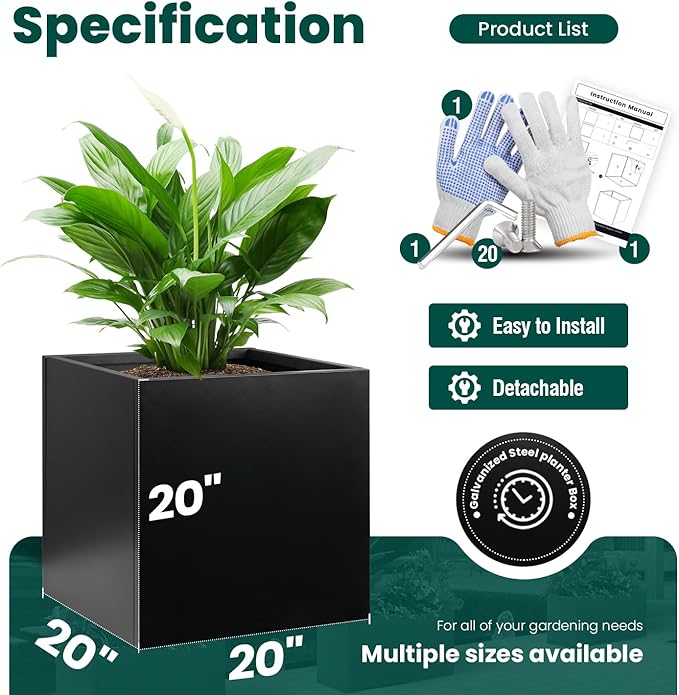 Galvanized Steel Planter Box Black Metal Planter 20Inch Large Square Indoor Outdoor Planters Cube Steel Heavy Duty Flower Pot Powder Coating Modern Commercial Residential for Patio, Deck, Yard, Garden