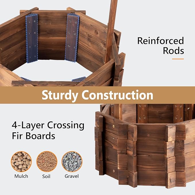 VINGLI Wooden Wishing Well Outdoor Planters, Well Covers for Yard with 4 Reinforced Rods, Height Adjustable Hanging Bucket, Rustic Flower Pot Home Decor for Outside Patio Garden