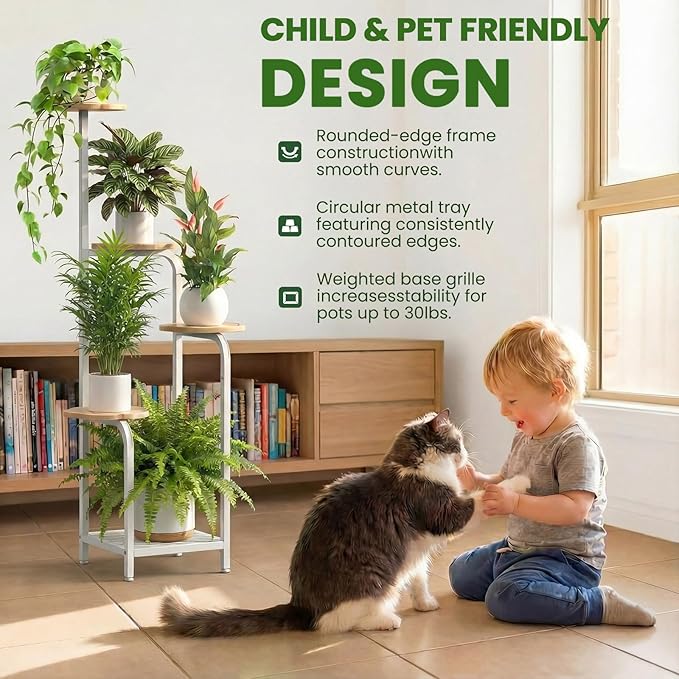 TOSKING 5 Tier Metal Plant Stand Indoor 48''H Tall ,Heavy Duty Plant Shelf , Corner Shelf Flower Pot Stand for Outdoor Plant Stand for Living Room Balcony Garden Patio Bedroom (5 Tier-White and Wood)