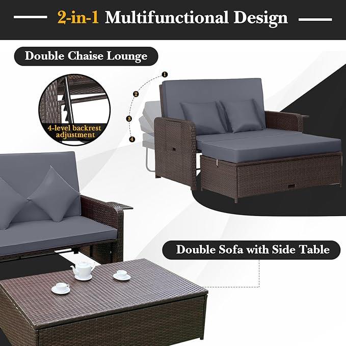 Tangkula Patio Rattan Daybed with 4-Level Adjustable Backrest, Outdoor PE Wicker Loveseat with Storage Ottoman & Folding Side Tray, Double Sunbed Lounger for Balcony, Backyard & Poolside, Grey & Brown