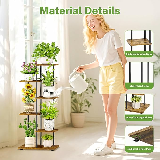 iDavosic.ly 5 Tier Plant Stand Indoor with Light, Tiered Corner Metal Wood Multiple Flower Holder Shelf, 42 Inch Tall Orchid Display Grow Rack for Living Room Bedroom, Modern Black & Rustic Brown