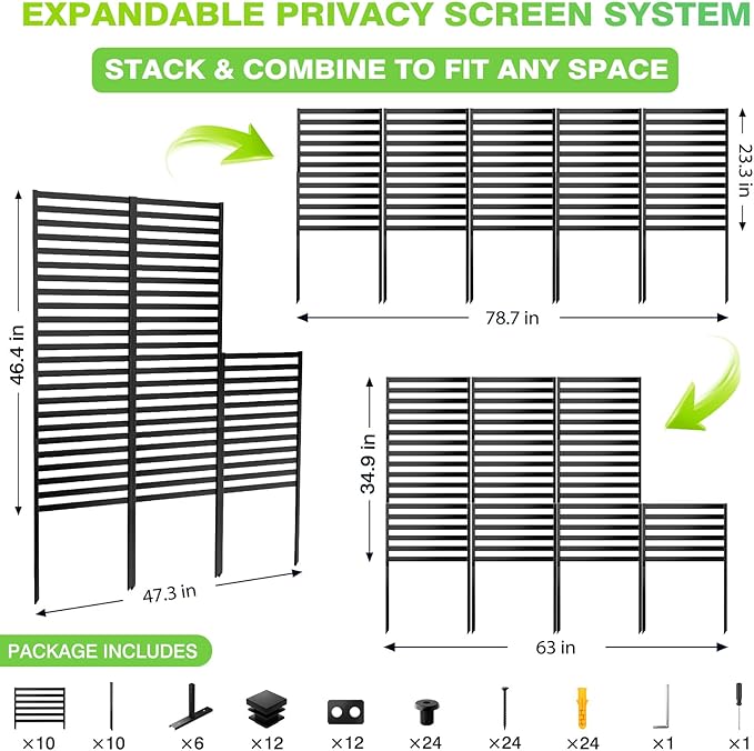 46.4" H X 47.3" W Metal Privacy Screen Outdoor - 10 Panels Freestanding Privacy Fence Panels with Stakes - Decorative Garden Air Conditioner Trash Can Pool Equipment for Backyard Patio