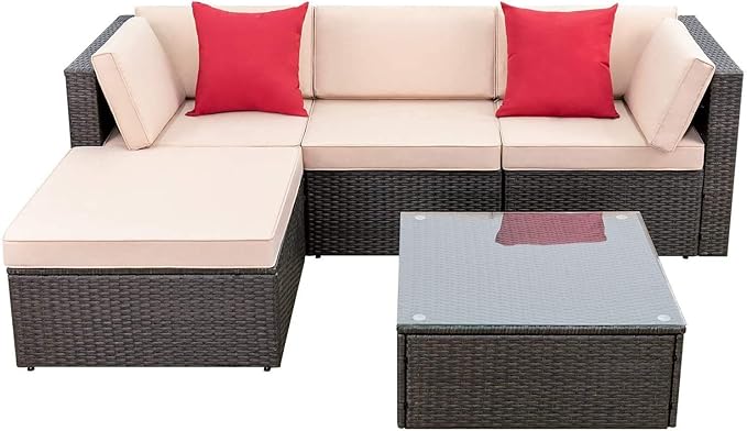 Devoko 5 Pieces Patio Furniture Sets All Weather Outdoor Sectional Patio Sofa Manual Weaving Wicker Rattan Patio Seating Sofas with Cushion and Glass Table (Beige)