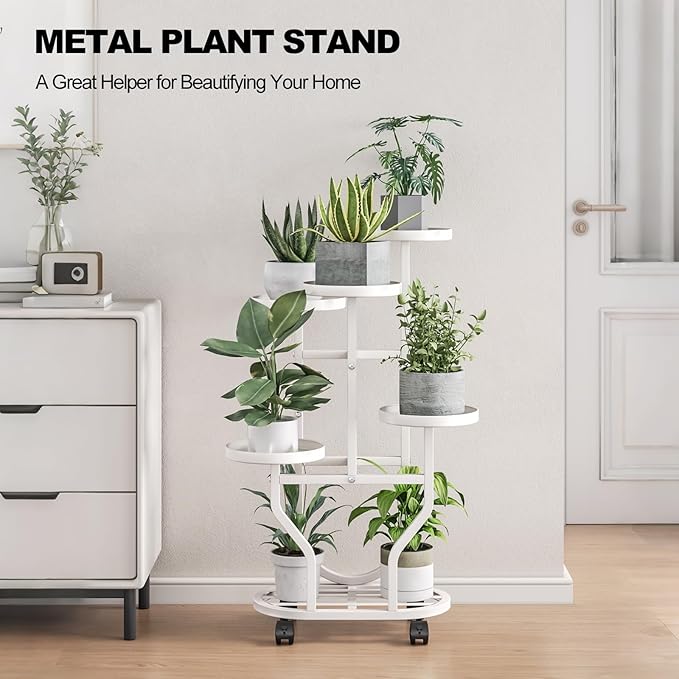 Plant Stand 5 Tier Indoor Outdoor Metal Flower Shelf with Wheels Multi Plants Holder Display Rack for Garden Patio Balcony Living Room White (White, 5 Tier)