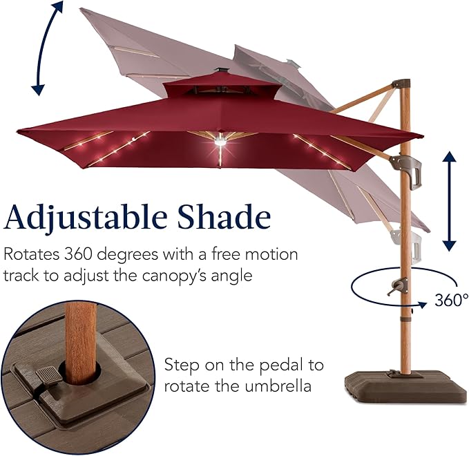 Best Choice Products 10ft Square Cantilever Patio Umbrella w/Base Included, Woodgrain Pattern Pole & Solar LED Lights, 360-Rotation, Offset Hanging Outdoor Shade - Burgundy