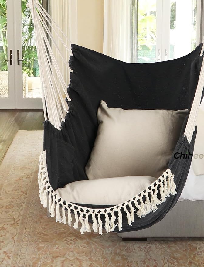Chihee Hammock Chair Hanging Swing Max 500 Lbs 2 Cushions Included Steel Spreader Bar with Anti-Slip Grooves Portable Hanging Chair Side Pocket Large Macrame Bohemian Chair Indoor Outdoor