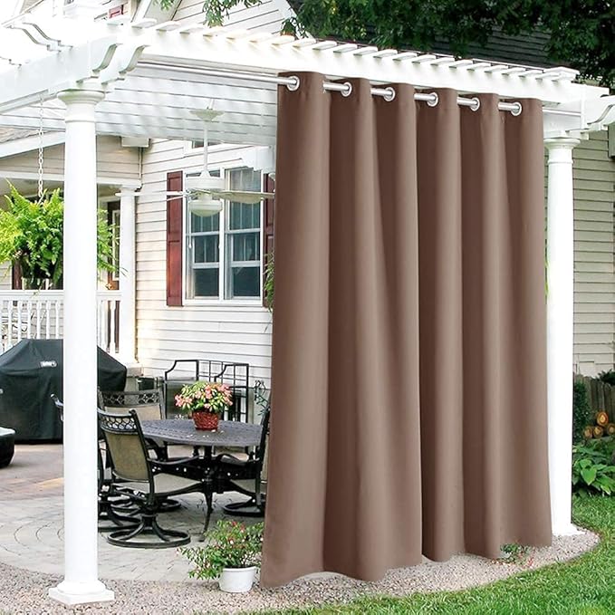 RYB HOME Outdoor Curtains for Patio Waterproof Block Sunlight Thermal Insulated Privacy Assured Thick Outside Curtains for Porch, Gazebo, Pergola, W84" x L95", Mocha, 1 Panel