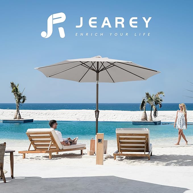 JEAREY 9FT Outdoor Patio Umbrella Outdoor Table Umbrella with Push Button Tilt and Crank, Market Umbrella 8 Sturdy Ribs UV Protection Waterproof for Garden, Deck, Backyard, Pool (Fog Gray)